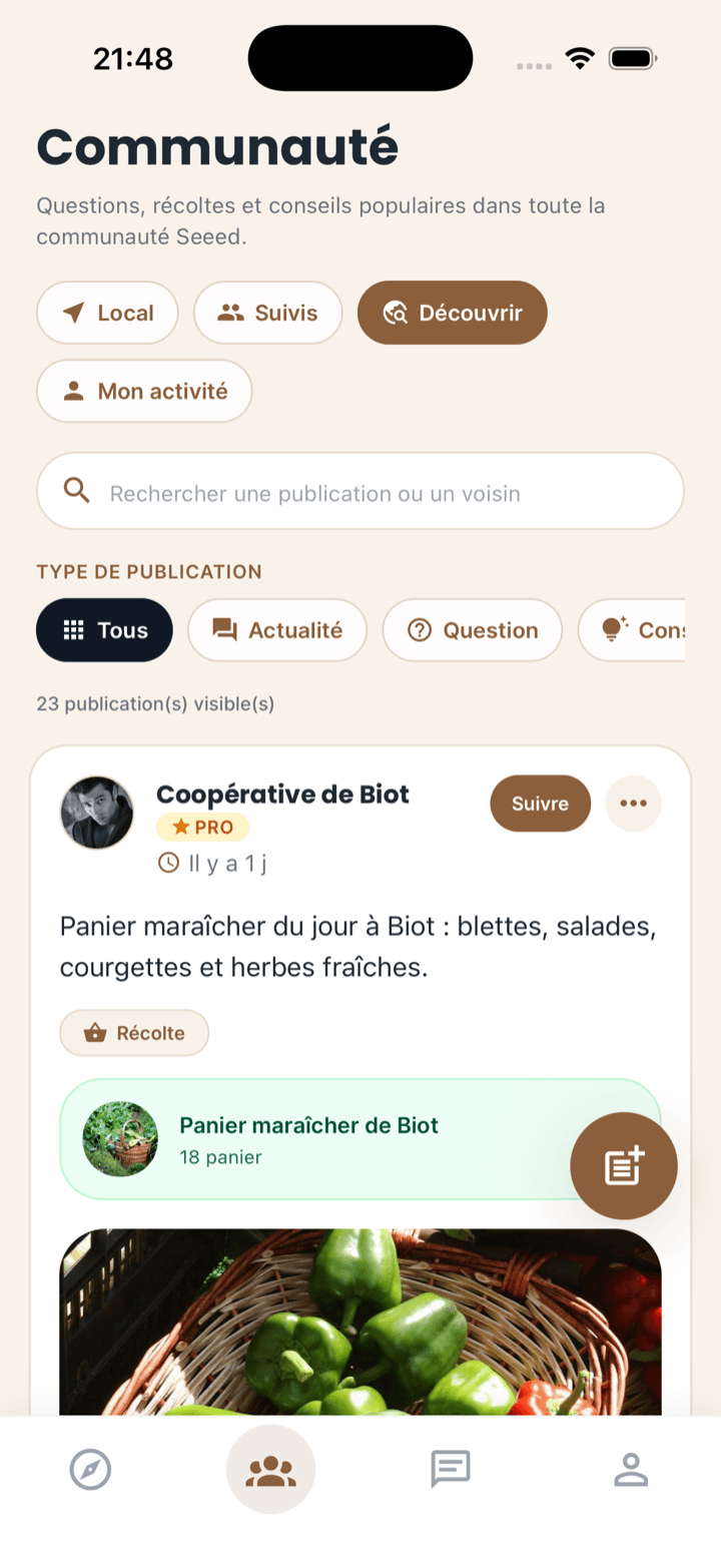 Fil Communauté de Seeed avec une publication de récolte locale