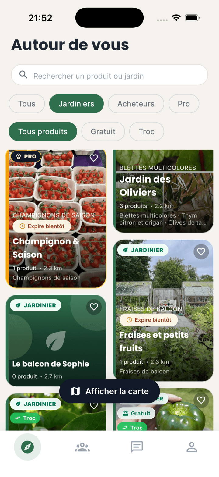 Liste Autour de vous dans l'application Seeed avec filtres et récoltes proches