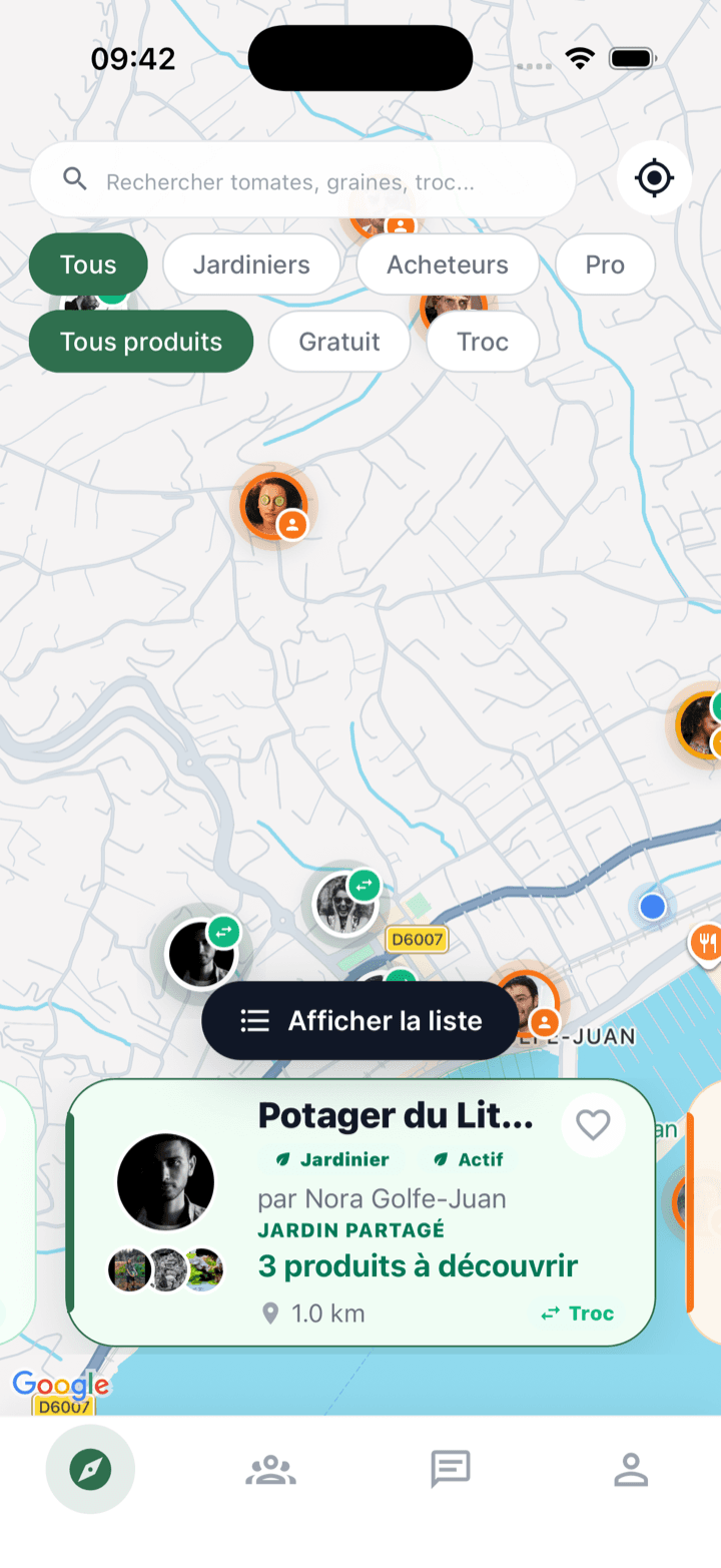 Carte de l'application Seeed avec les jardins et échanges proches