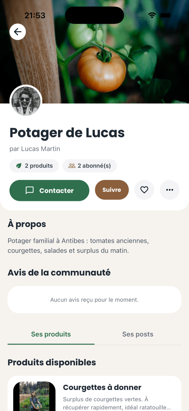 Vitrine d'un jardin Seeed avec description, contact et produits disponibles