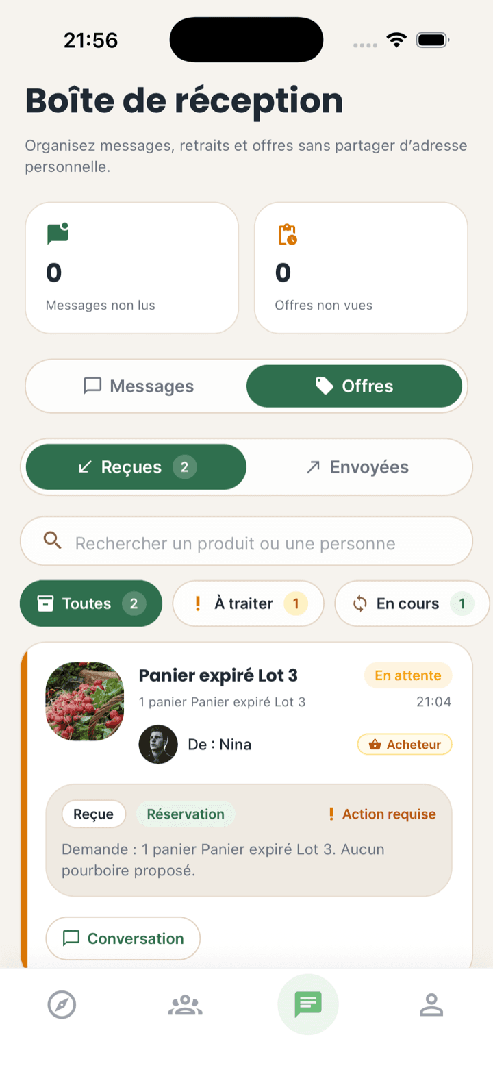 Boîte de réception Seeed avec offres reçues, filtres et conversation liée