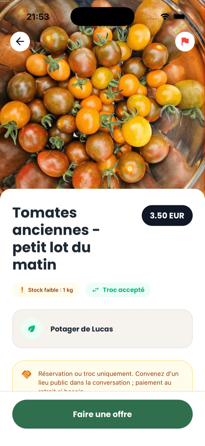 Fiche produit Seeed avec tomates anciennes, stock faible et action Faire une offre